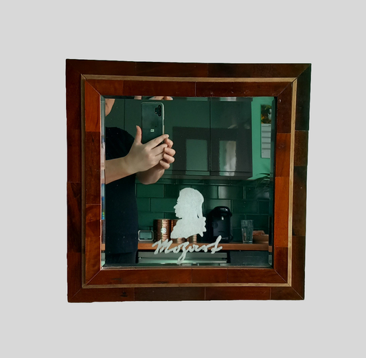 Vintage Hand Made Wooden Marquetry Framed Mirror With Mozart Design 16"