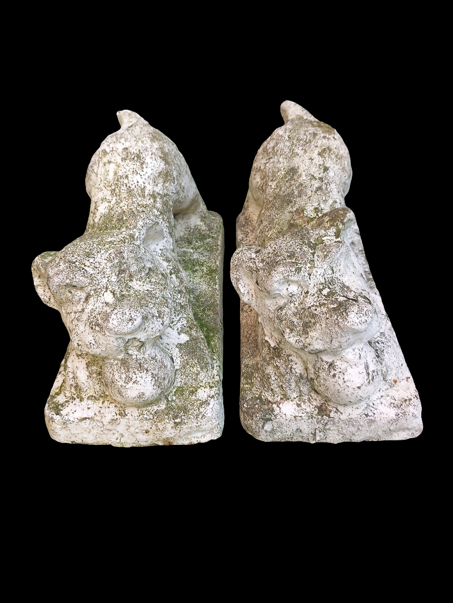 Pair Of Mid Century Concrete Stone Garden Statues Of Playful Dogs
