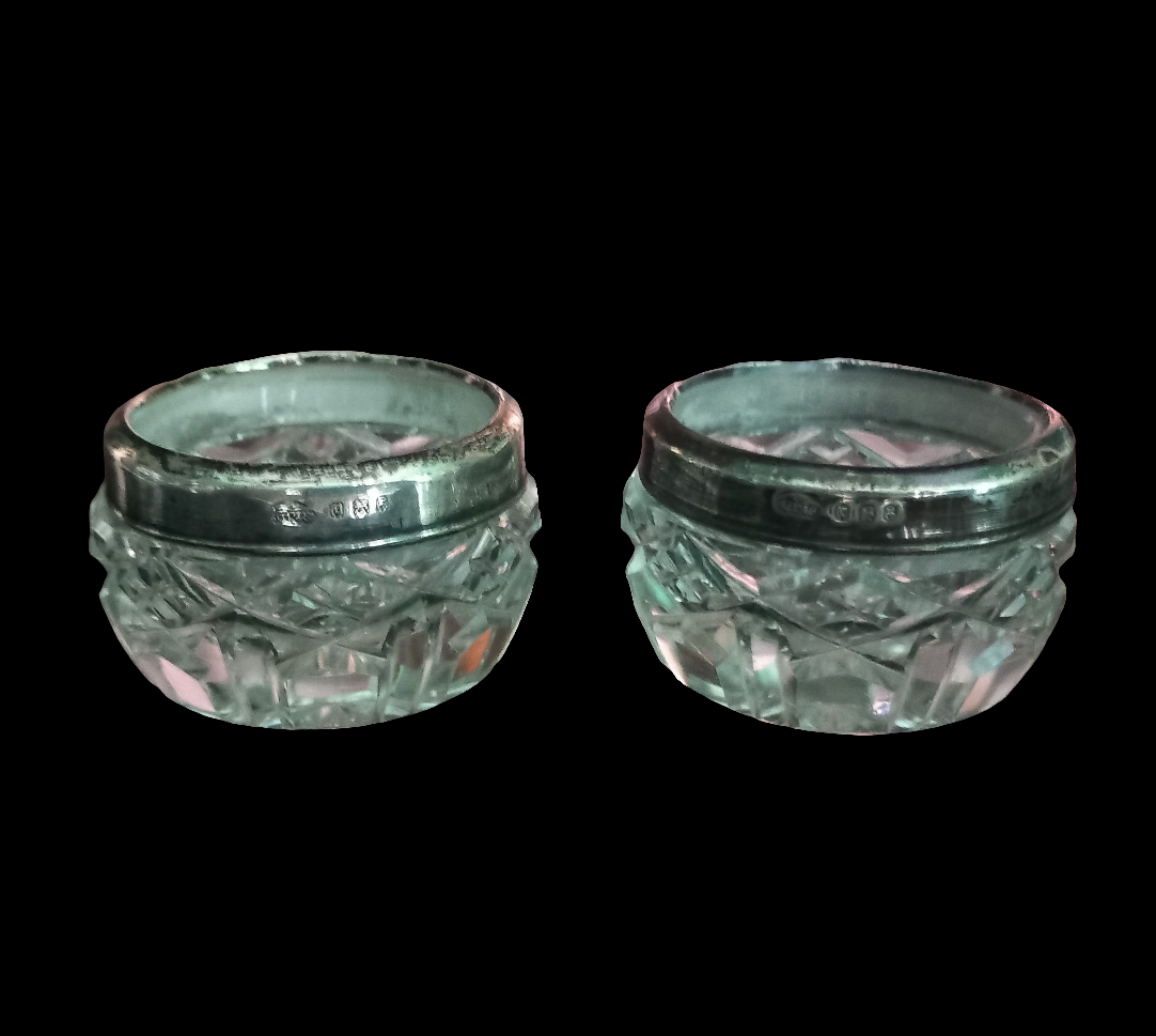 Pair Of Antique Hallmarked Silver Rimmed Clear Cut Glass Salt Cellars London 1921 & another single salt