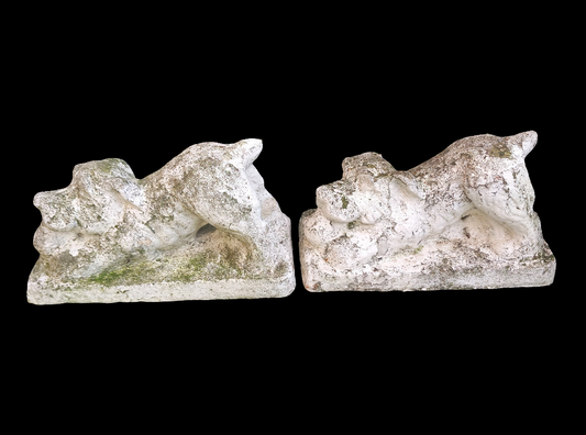 Pair Of Mid Century Concrete Stone Garden Statues Of Playful Dogs