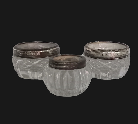 Pair Of Antique Hallmarked Silver Rimmed Clear Cut Glass Salt Cellars London 1921 & another single salt