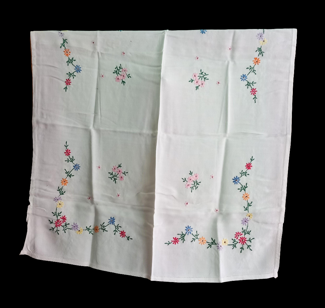 Mid century cotton tablecloth with hand embroidered flowers