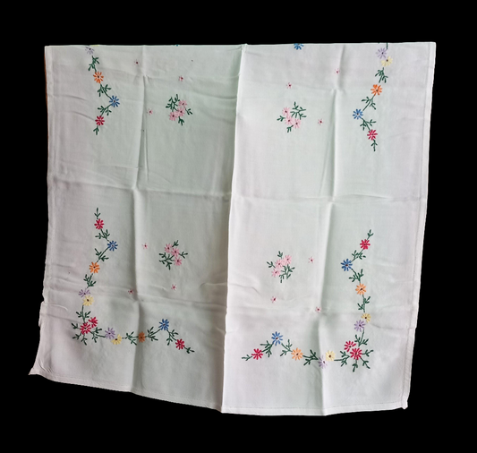 Mid century cotton tablecloth with hand embroidered flowers