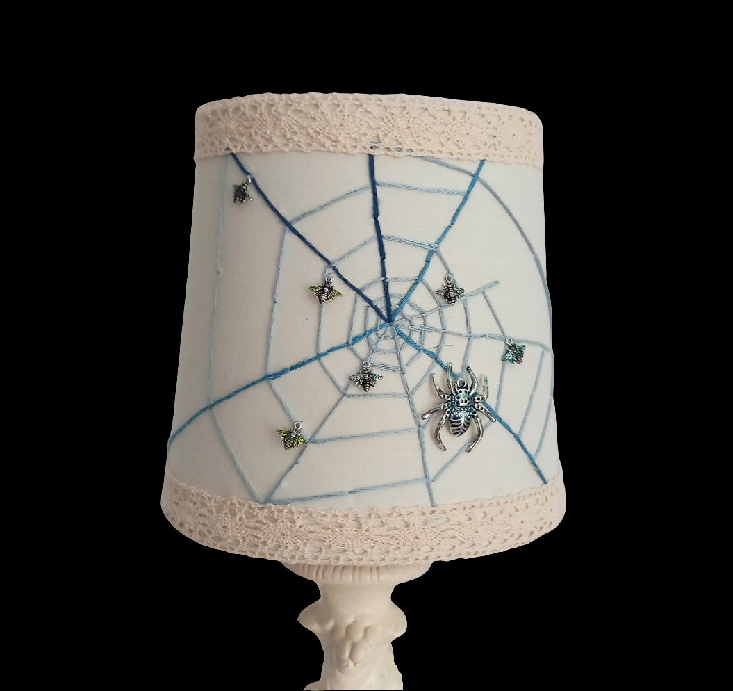 Hand made unique blue & cream white spider web lampshade 6"