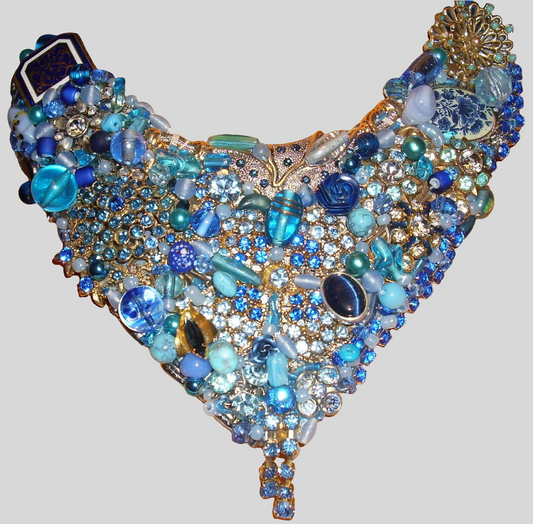 Hand made blue bead and rhinestone statement necklace