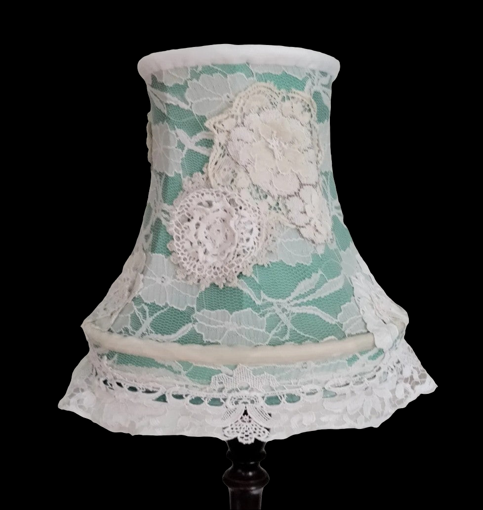 Hand made green & cream white antique lace crochet lampshade 12"