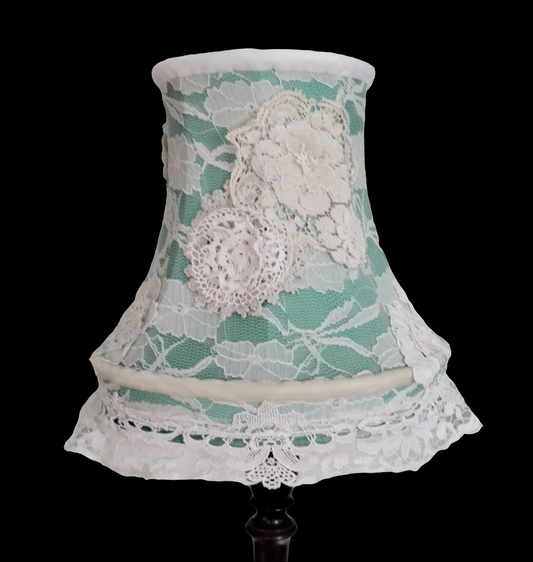 Hand made green & cream white antique lace crochet lampshade 12"