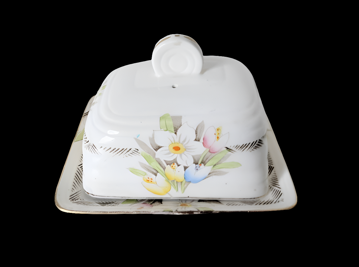 Art deco hand painted spring bulb flower design cheese or butter lidded dish