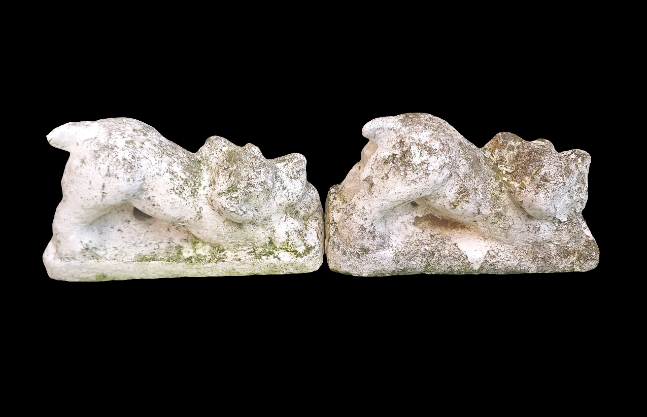 Pair Of Mid Century Concrete Stone Garden Statues Of Playful Dogs