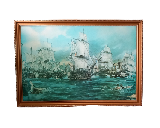 Mid Century Ship Print Trafalgar Nelson's Victory By Harold Johnson In Gilt Frame 31.75"