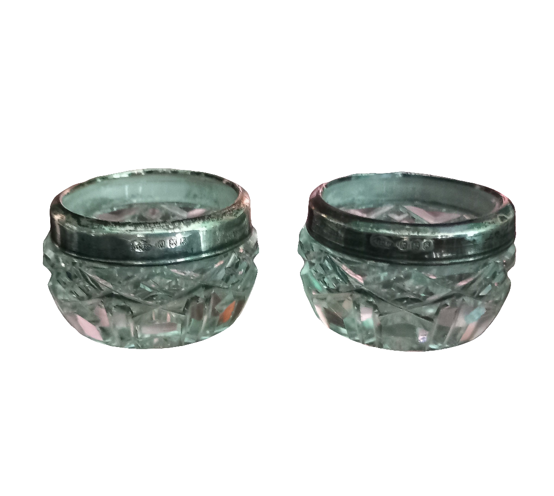 Pair Of Antique Hallmarked Silver Rimmed Clear Cut Glass Salt Cellars London 1921 & another single salt