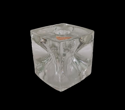 Mid century Sklo Union Rudolfova Hut clear glass cube candle holder by Rudolf Jurnikl