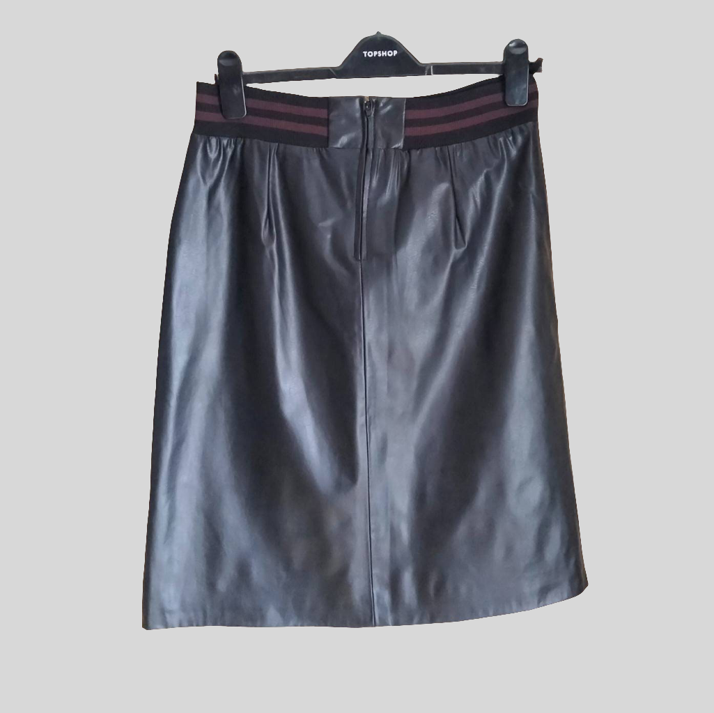 1990s Talc Britpop style black PVC leather effect A line knee skirt 14