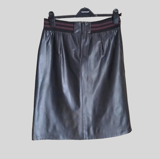 1990s Talc Britpop style black PVC leather effect A line knee skirt 14