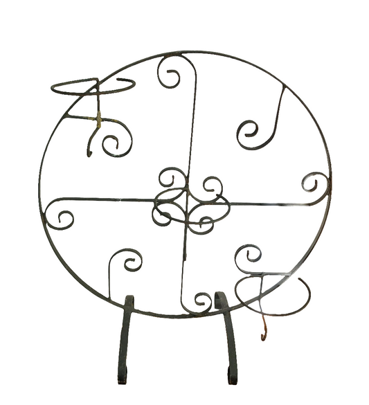 Vintage round black scrolled metal wrought iron 3 hole plant stand 24"