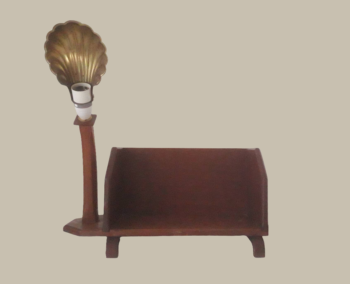 Wooden bookstand lamp with brass metal scallop shell light shade