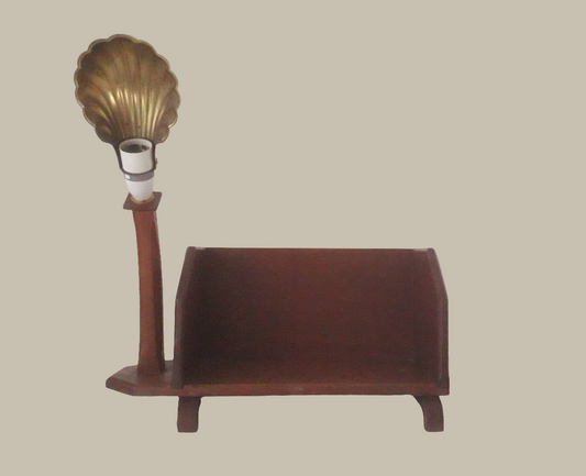 Wooden bookstand lamp with brass metal scallop shell light shade