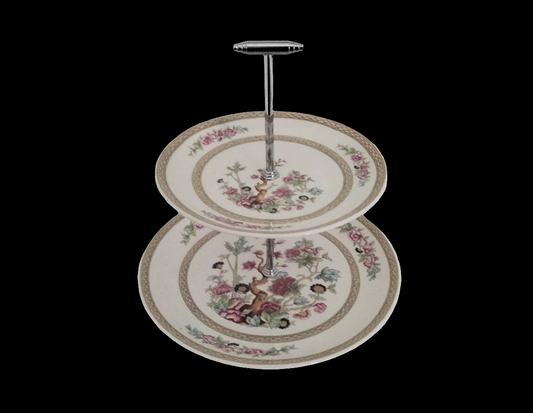 Mid century Swinnertons two tier cake stand with pink Chinese flower pattern