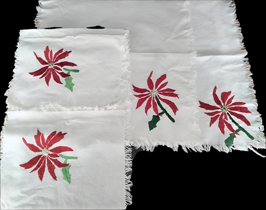 Set of 4 mid century hand embroidered table mats with red Poinsettia flowers