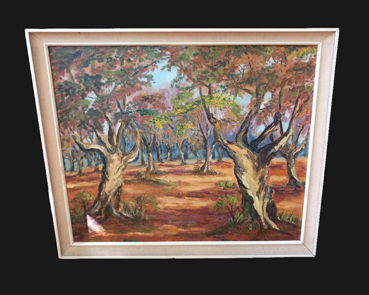 Mid Century forest scene oil painting Autumn In Essex by Ivy Venables