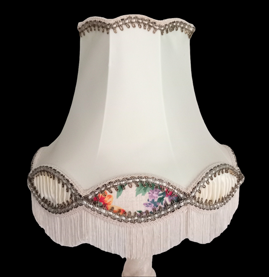 Vintage Mid Century cream fabric Fringed lampshade 12" Floral Pleat Decoration
