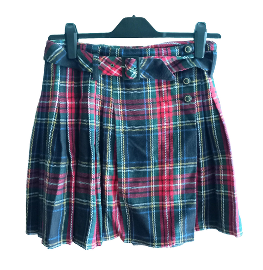 1980s Red & Green Tartan Plaid Pleated Flat Front Kilt Mini Skirt 10 12
