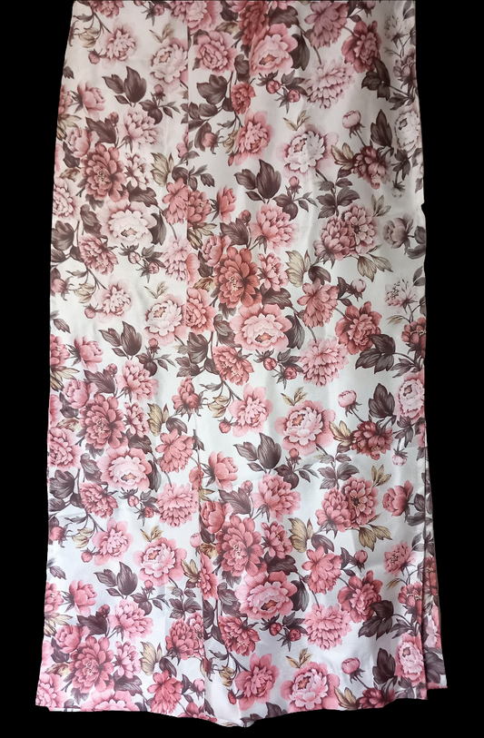 Vintage Mid Century 1970s pair of pink satinised Flower curtains 84" long