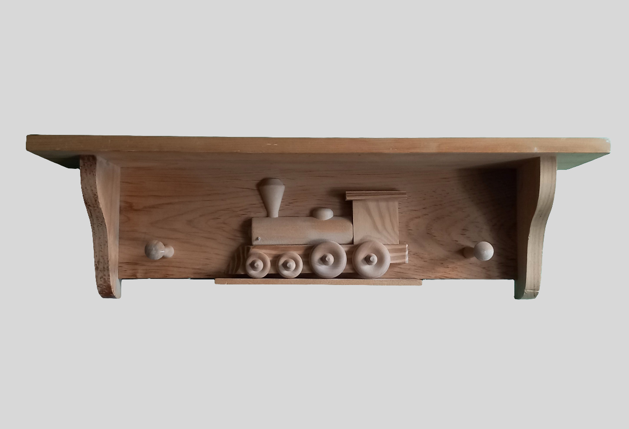 Hand made solid wood train design shelf with hooks