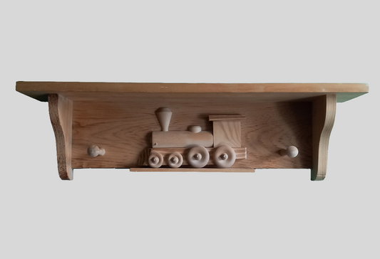 Hand made solid wood train design shelf with hooks