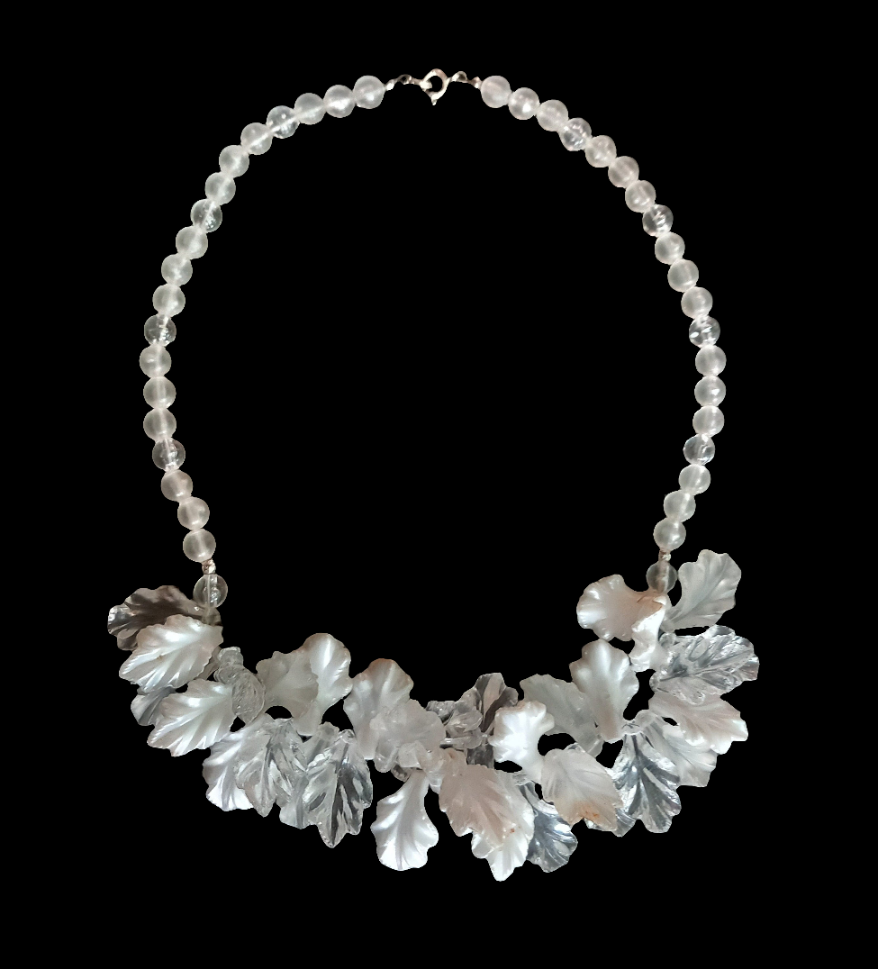 1980s Clear & White Acrylic Leaf Cluster bead necklace