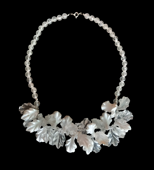 1980s Clear & White Acrylic Leaf Cluster bead necklace