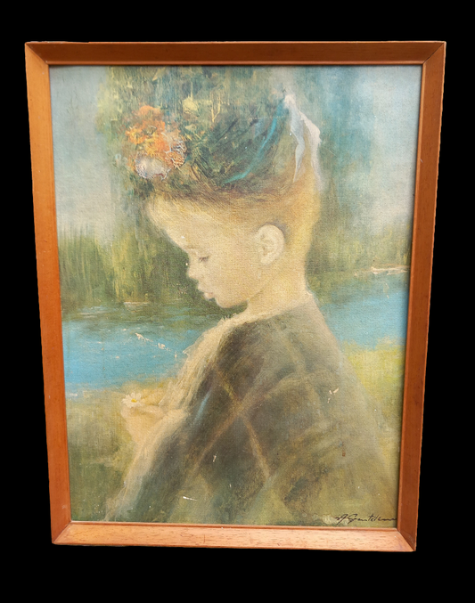 Framed Vintage Print 'Precious' By Gentilini 5332 Mid Century Wooden Frame 25"