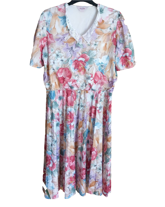 1980s pink, red & green flower print tea dress 16 18