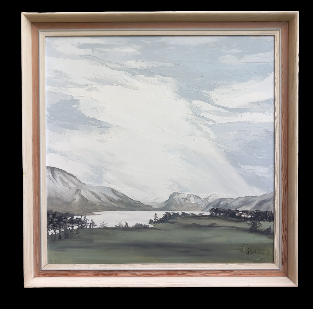 1970s oil painting of moody grey mountains & lake in wood frame 27.5"