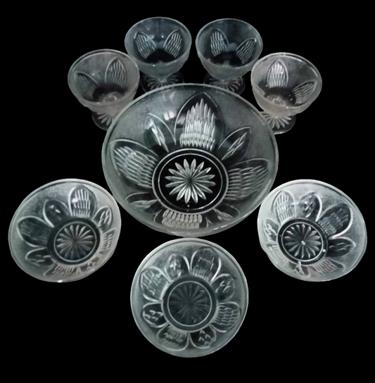 1950s clear textured pressed glass dessert or salad set with 8 pieces