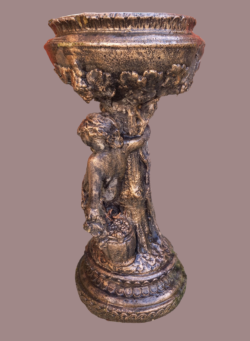 Black & gold cherub concrete bird bath garden ornament