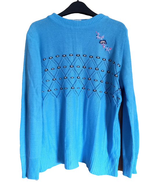 Vintage 1980s Blue Lightweight Knit Flower Pattern Jumper 12 14