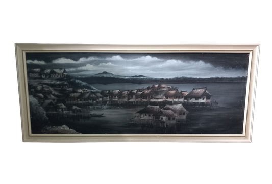 Vintage Mid Century Large Eastern oil painting of moody grey Sky And Huts 44.5"