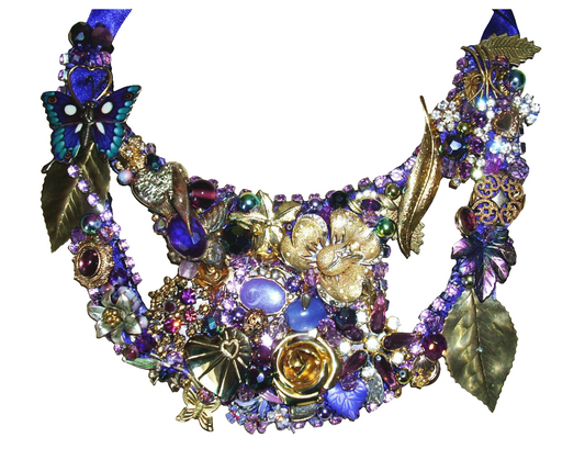 Purple and gold rhinestone and beaded assemblage statement necklace