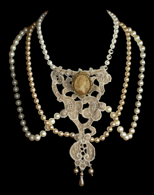 Hand made historical style pearl and vintage lace necklace