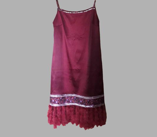 Vintage millennium year 2000 special edition Lulu Paris dress 12 14 wine red satin sequin and maribou trim art deco 20s great gatsby