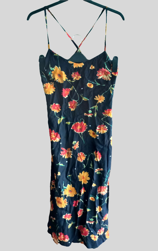 1990s Black & Orange Flower Print Summer Midi dress 10 12