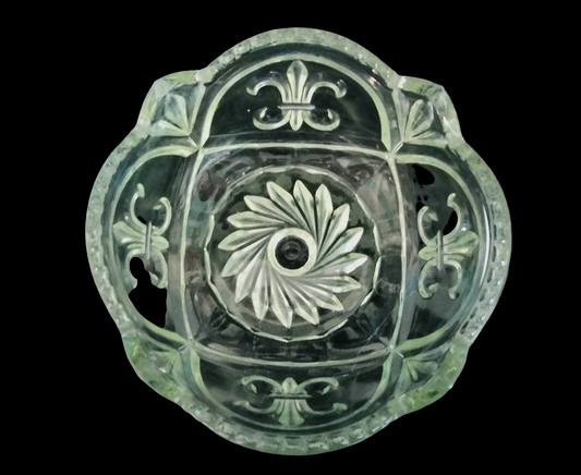C1950s heavy pressed clear glass fruit bowl with Fleur de Lys pattern