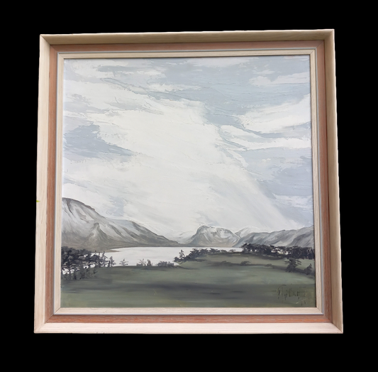 1970s oil painting of moody grey mountains & lake in wood frame 27.5"