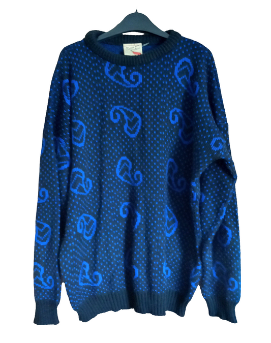 1980s Romeo Gordeni Blue Knitted Jumper With Paisley Pattern 14 16 Unisex