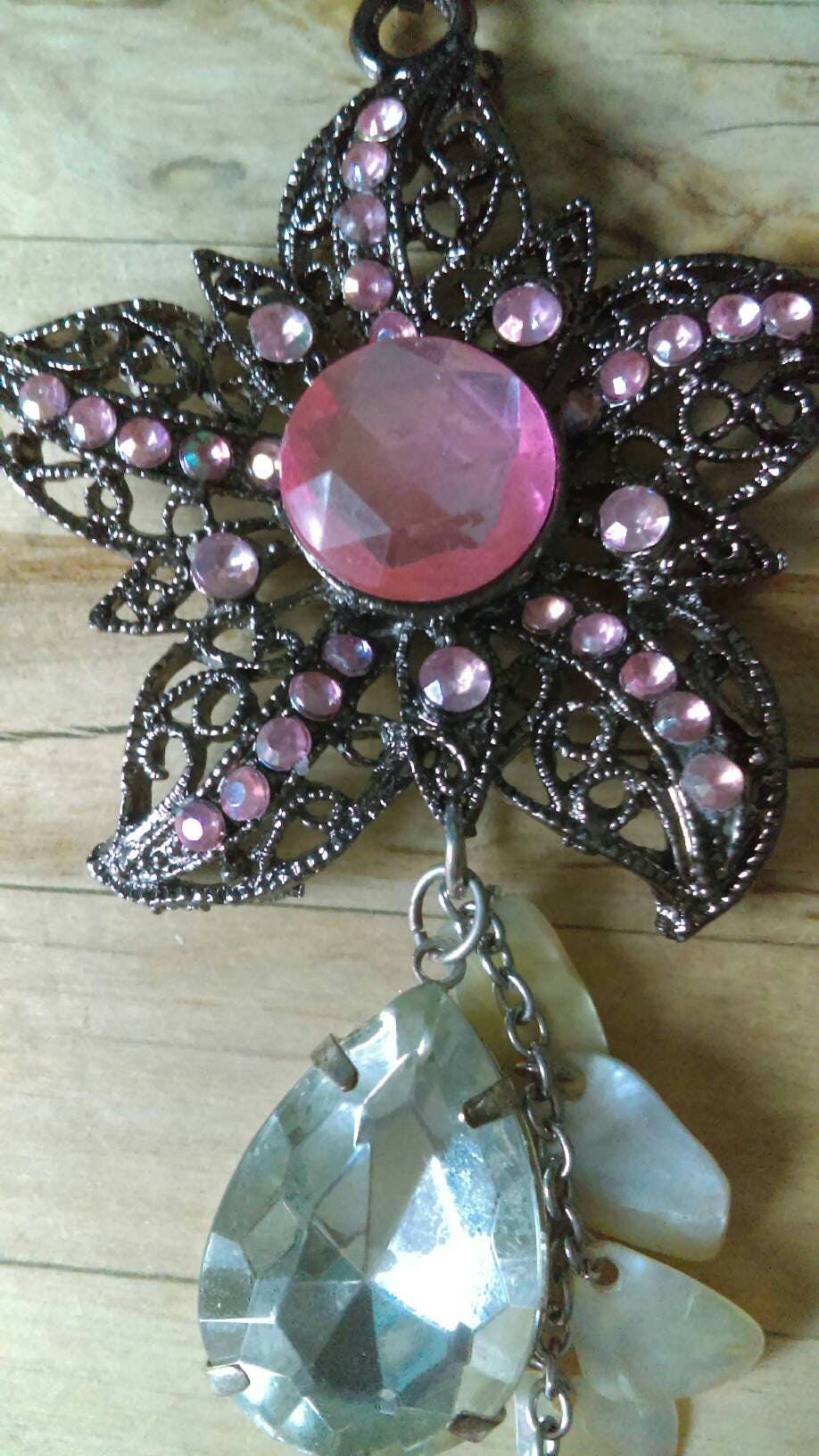 Hand made bag charm keyring silvertone and pink diamante flower with mother of pearl and diamante charms