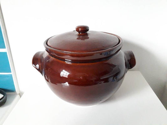 Large brown salt glazed stoneware lidded casserole pot