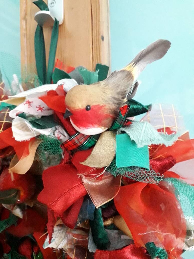 Hand made winter red, green & gold rag wreath with robin, holly and baubles