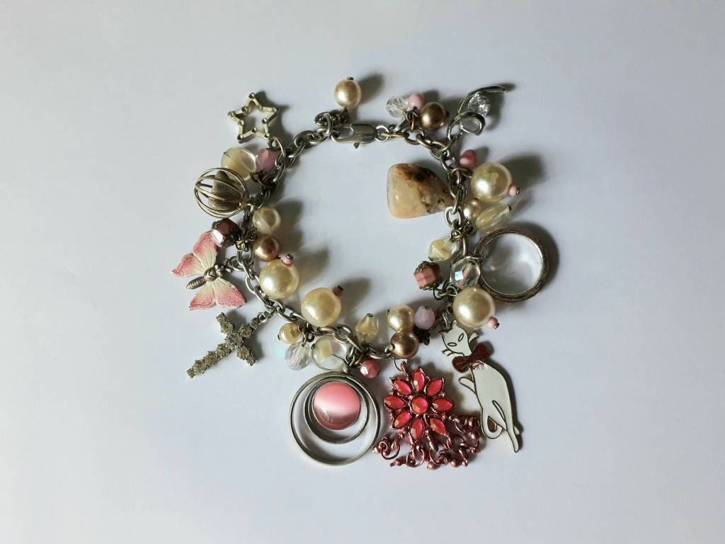 Hand made silvertone & pink charm bracelet