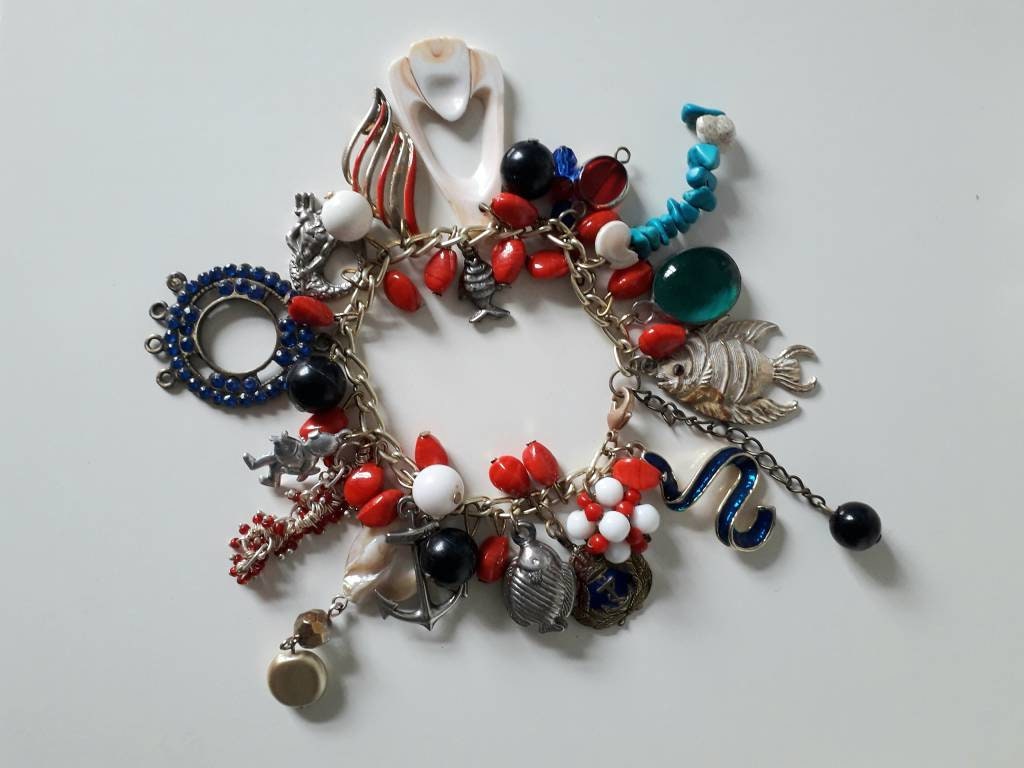 Hand made silvertone, blue & red nautical charm bracelet